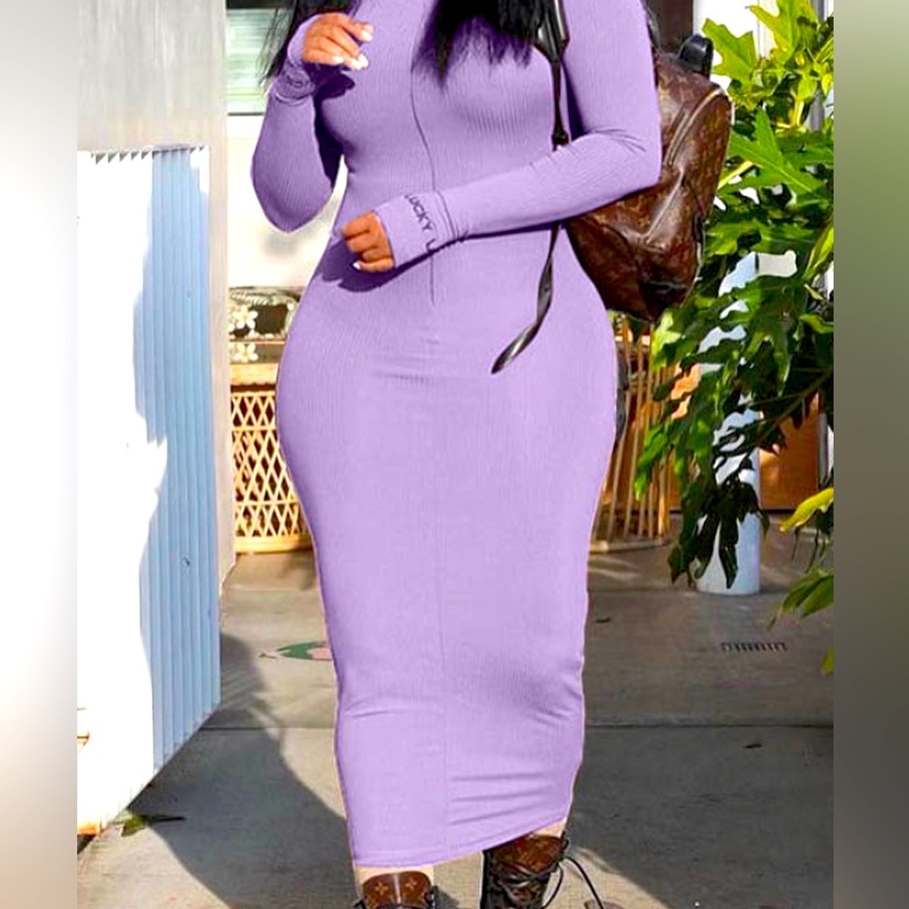 Long Sleeve Bodycon Dresses Ribbed Zip Up Midi Dress